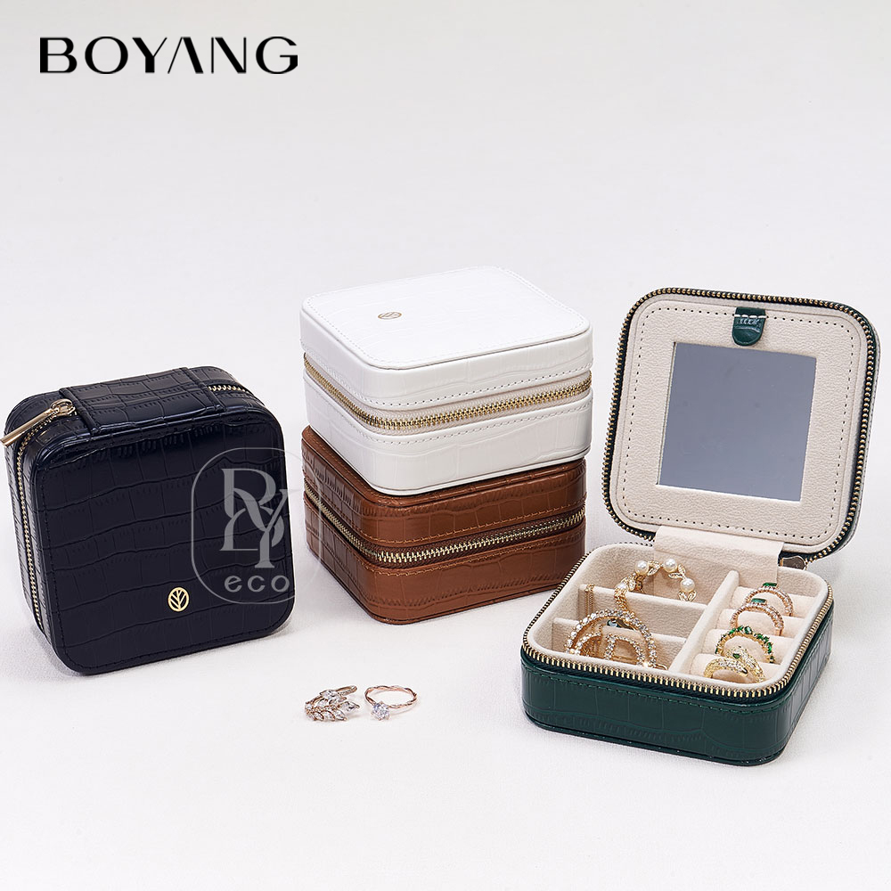 Boyang Custom PU Leather Travel Zipper Jewelry Storage Box Organizer