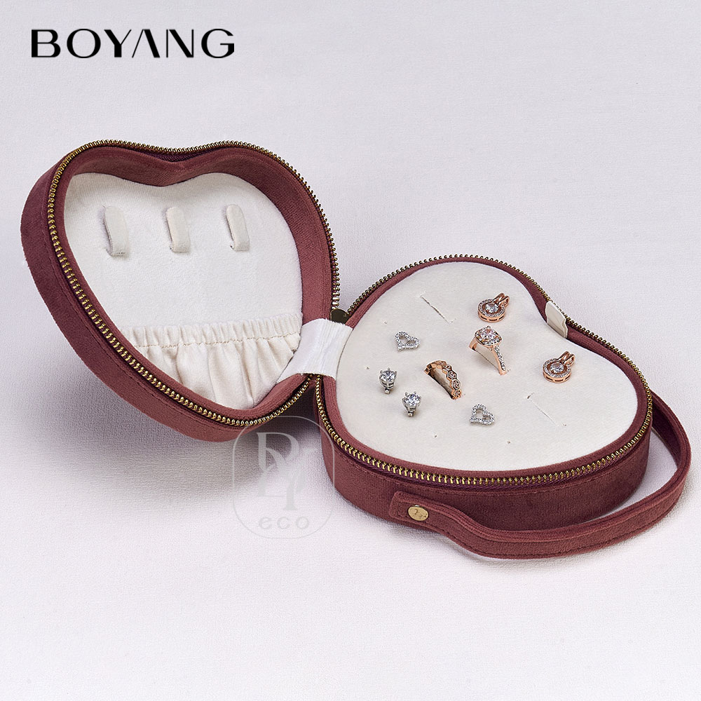 Boyang Custom Logo Printed Velvet Necklace Earring Ring Storage Heart Shaped Jewelry Travel Box Organizer