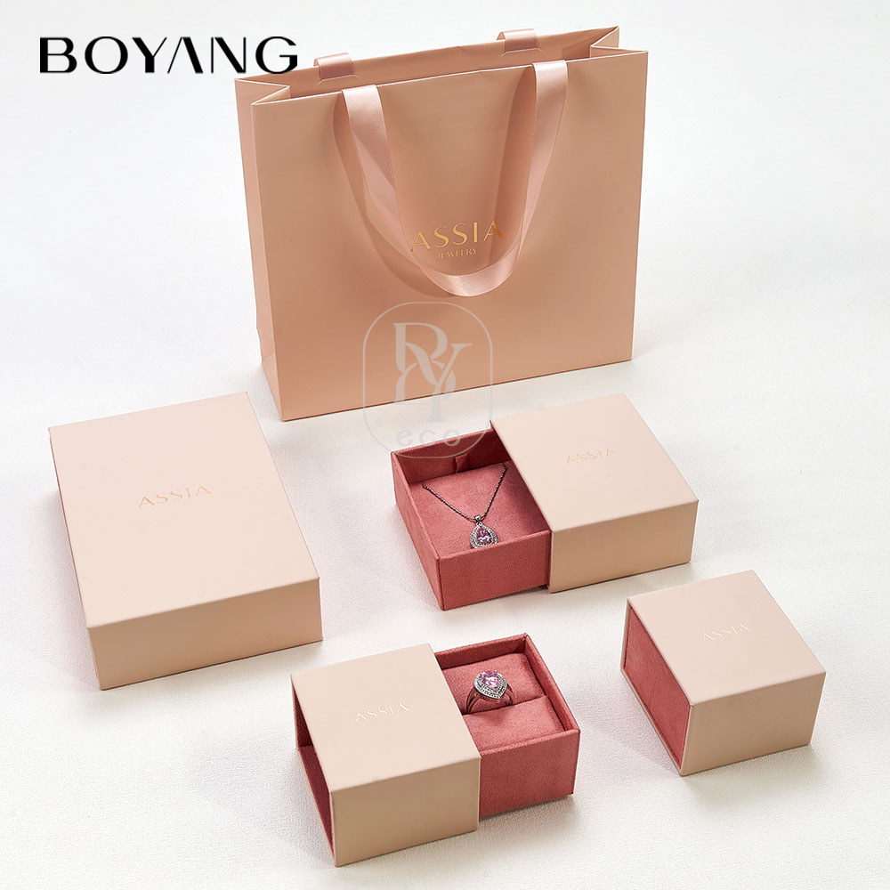 Boyang Custom Luxury Leather Sliding Drawer Pink Jewelry Box