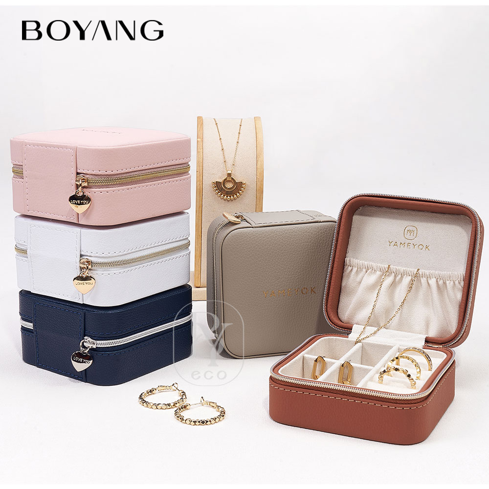 Boyang Custom Logo Zipper PU Leather Portable Jewelry Box Organizer